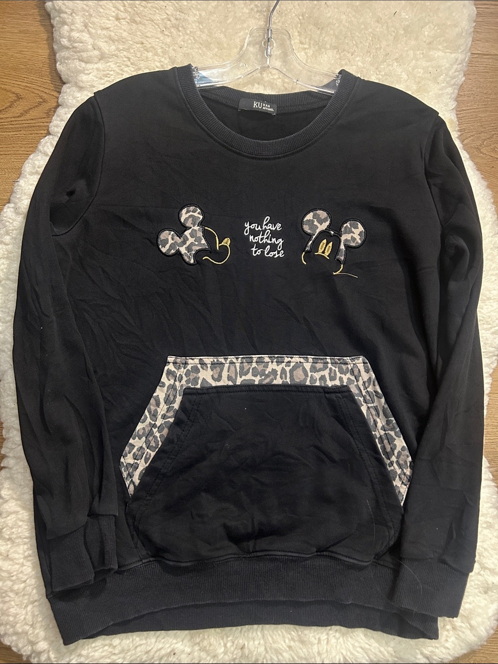 KU Disney Black Crewneck Sweater with Leopard Trim 22” Ptp